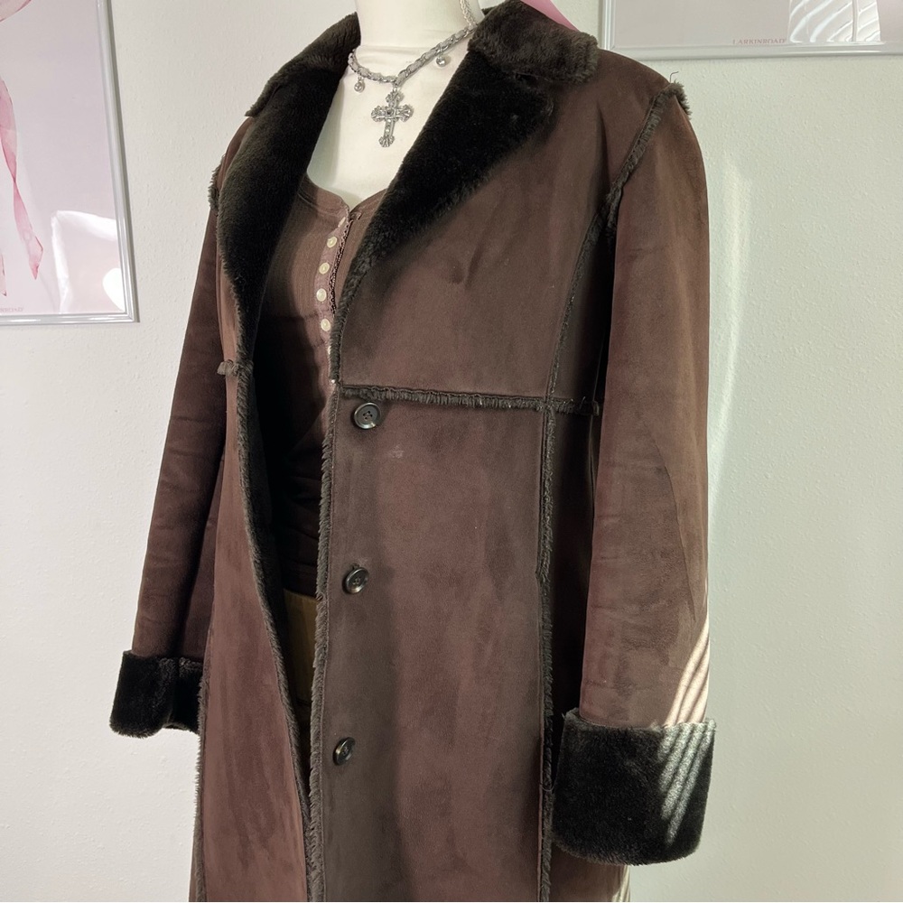 Vintage 90s Cache Brown Suede Penny Lane Fur Trim Coat Old Money Womens Small - Picture 2 of 6